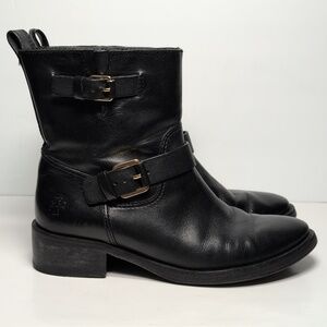 Tory Burch Bennie Black Combat Moto Boots with Buckle Straps womans size 7.5